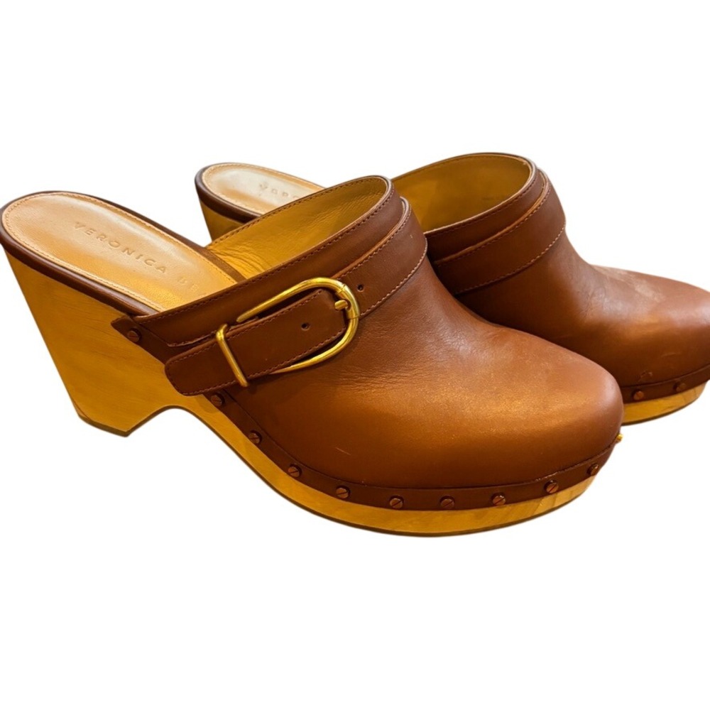 Veronica Beard Hendrix Leather Buckle Clogs Hazelwood Brown Excellent Conditio M